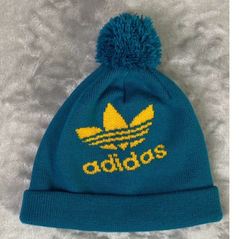 Adidas‎ Beanie Unisex One Size Teal Yellow Trefoil Logo Pom Pom Knit Hat